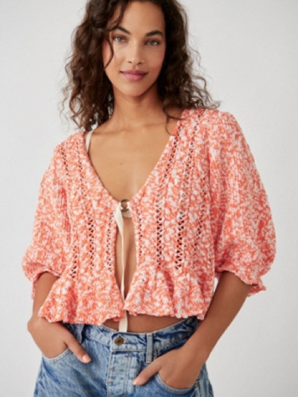 Free People Yesterday Tie-Front Cardigan Sweater Orange Peach Marled Open Knit